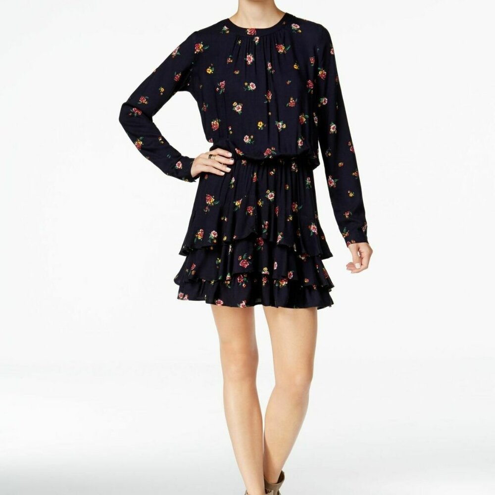 Chelsea Sky Navy Blue‎ Tiered Floral Print Above Knee Dress Long Sleeve Size M